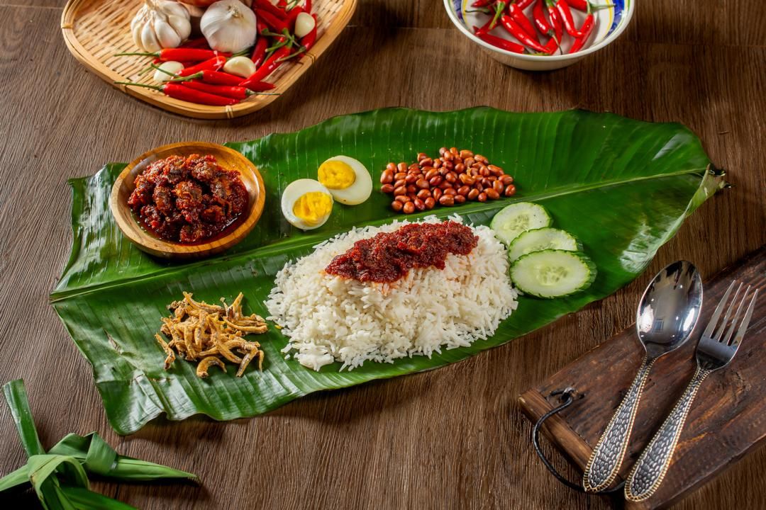 Nasi lemak with mutton rendang